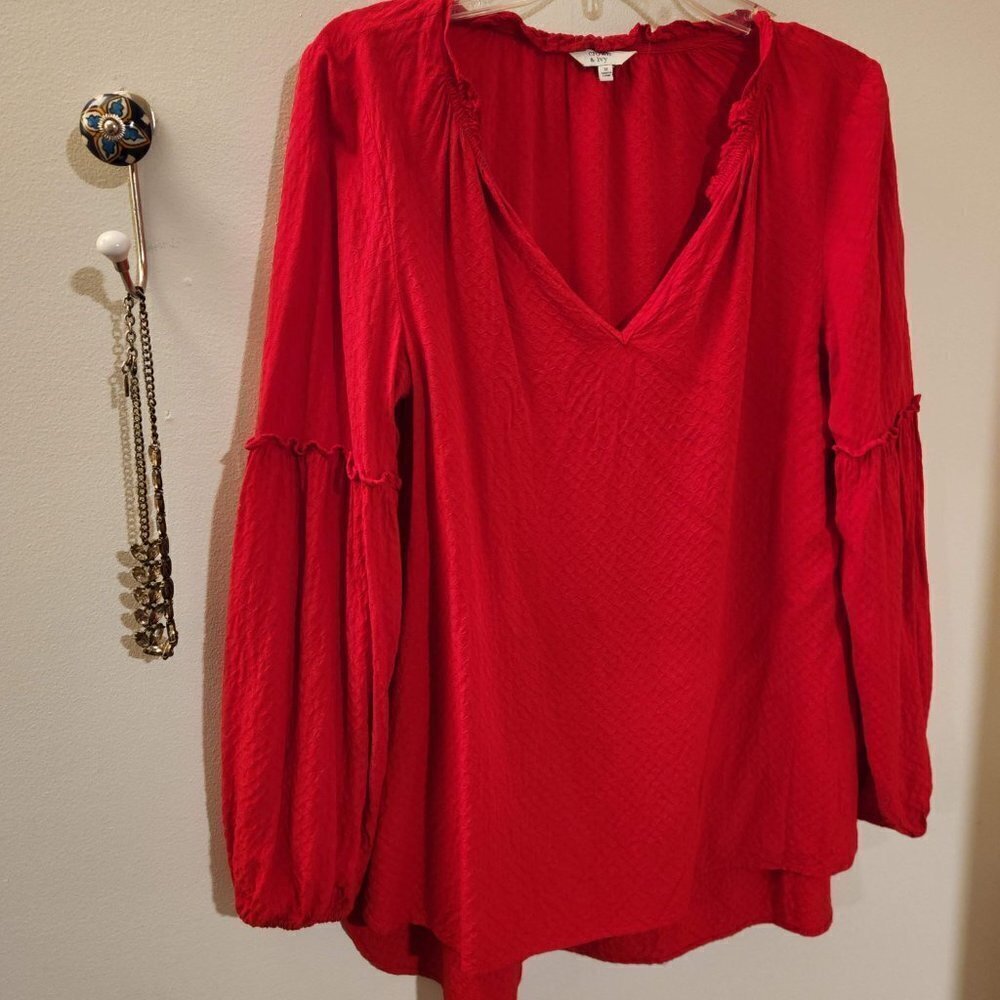 crown & ivy Red V-Neck Textured Long-Sleeve Blouse